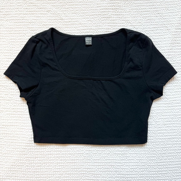 100% Cotton SHEIN Black Square Neck Crop Top Summer Blouse Goth Cropped Baby Tee - Picture 2 of 5